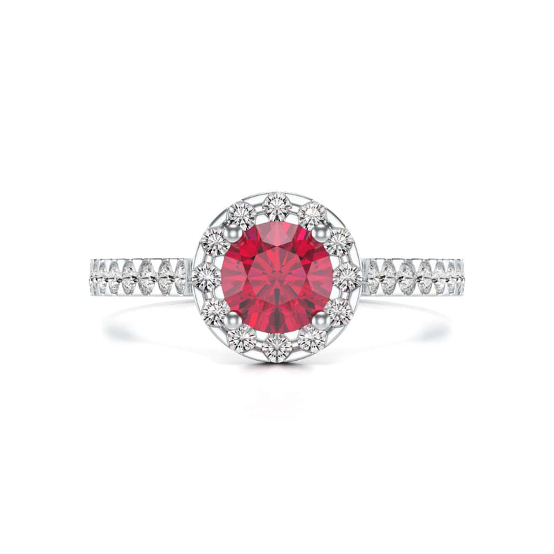 Diamond Halo Round Shape Ruby Engagement Ring in 18ct Gold and Platinum
