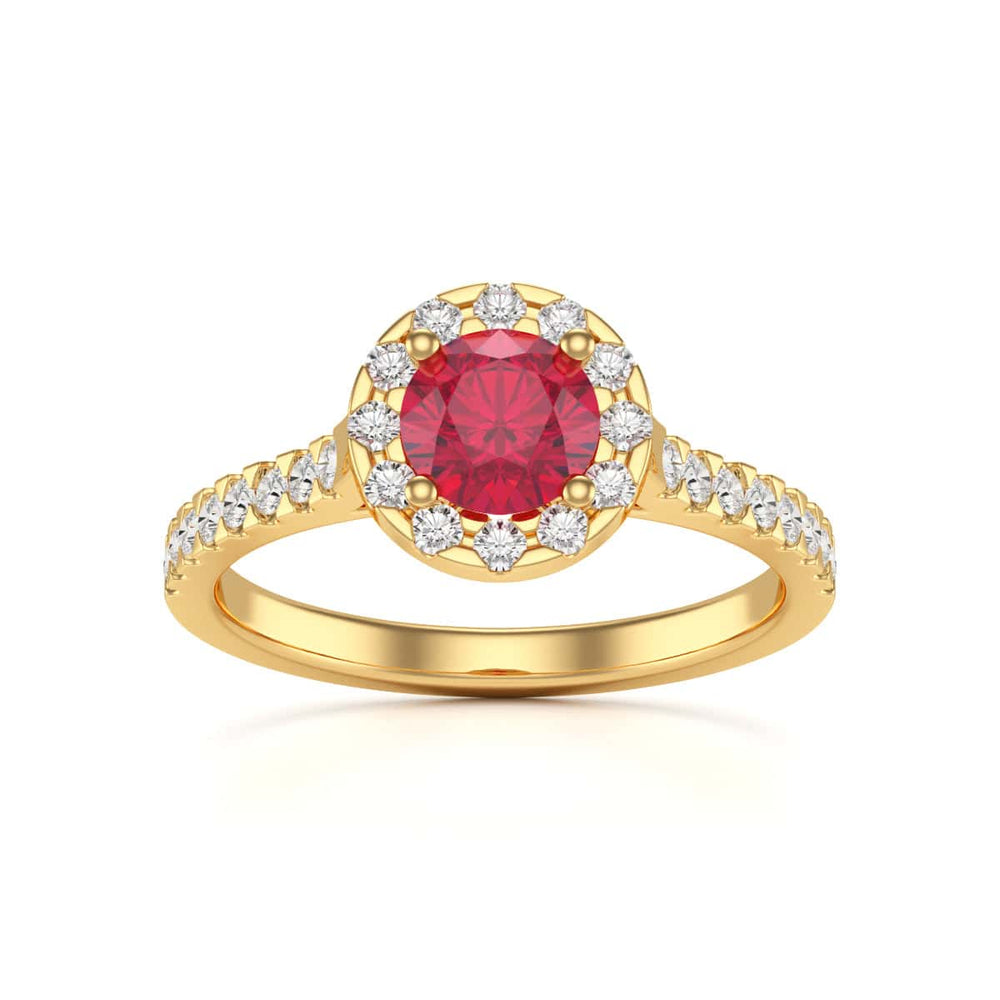 Diamond Halo Round Shape Ruby Engagement Ring in 18ct Gold and Platinum