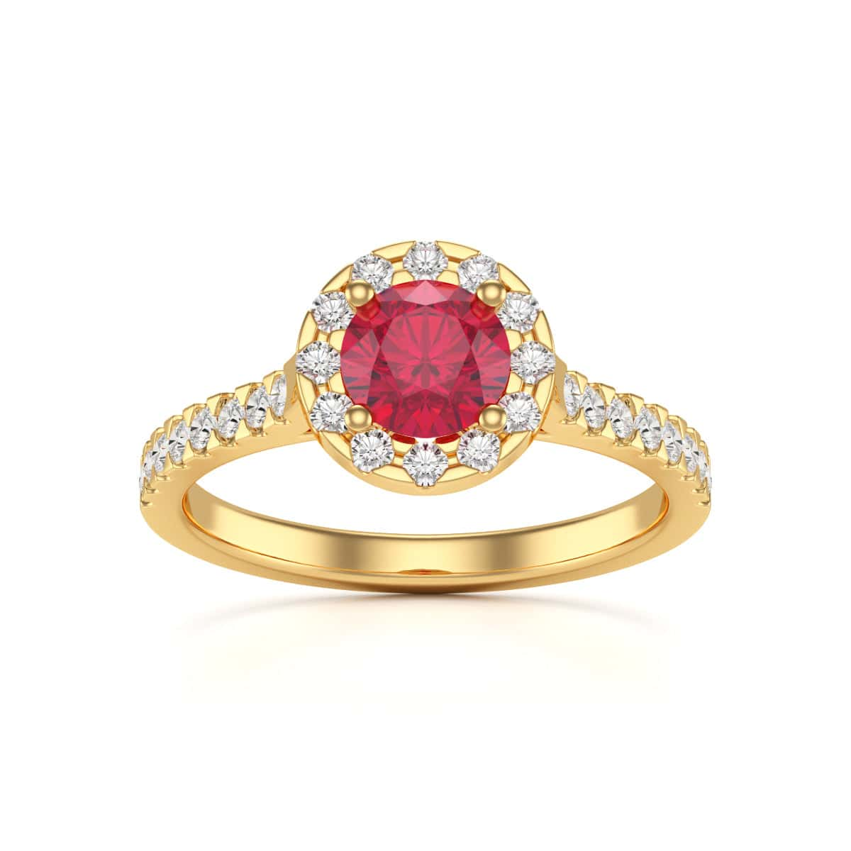 Ruby Engagement Ring- Round Halo Scallop Shoulder Set