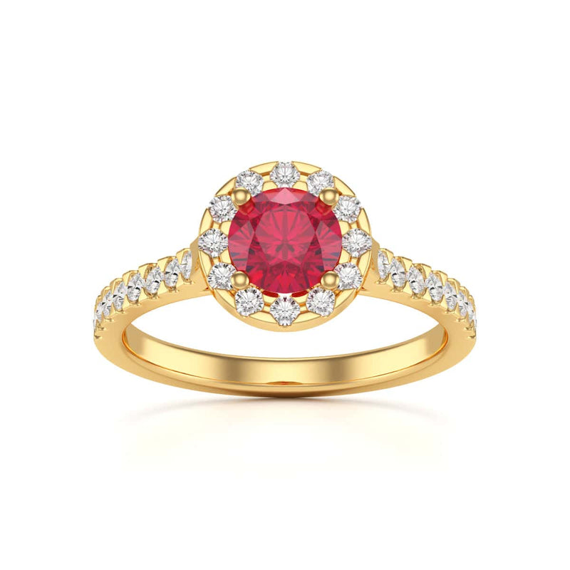 Diamond Halo Round Shape Ruby Engagement Ring in 18ct Gold and Platinum