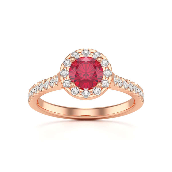 Diamond Halo Round Shape Ruby Engagement Ring in 18ct Gold and Platinum