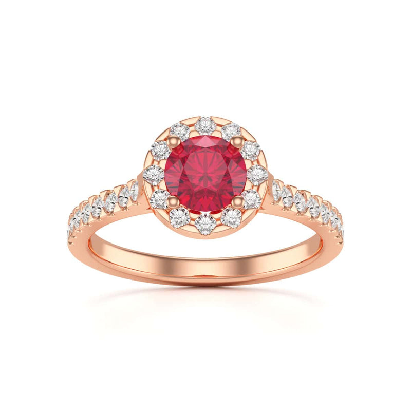 Diamond Halo Round Shape Ruby Engagement Ring in 18ct Gold and Platinum