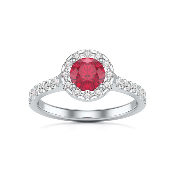 Diamond Halo Round Shape Ruby Engagement Ring in 18ct Gold and Platinum