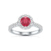 Diamond Halo Round Shape Ruby Engagement Ring in 18ct Gold and Platinum