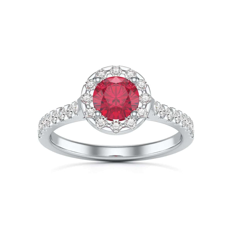 Diamond Halo Round Shape Ruby Engagement Ring in 18ct Gold and Platinum