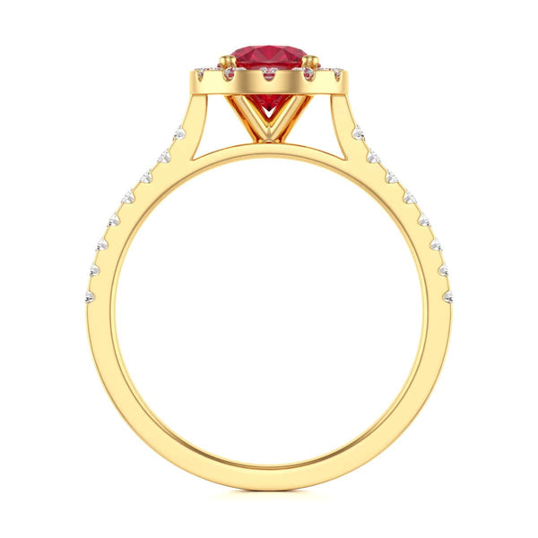 Diamond Halo Round Shape Ruby Engagement Ring in 18ct Gold and Platinum