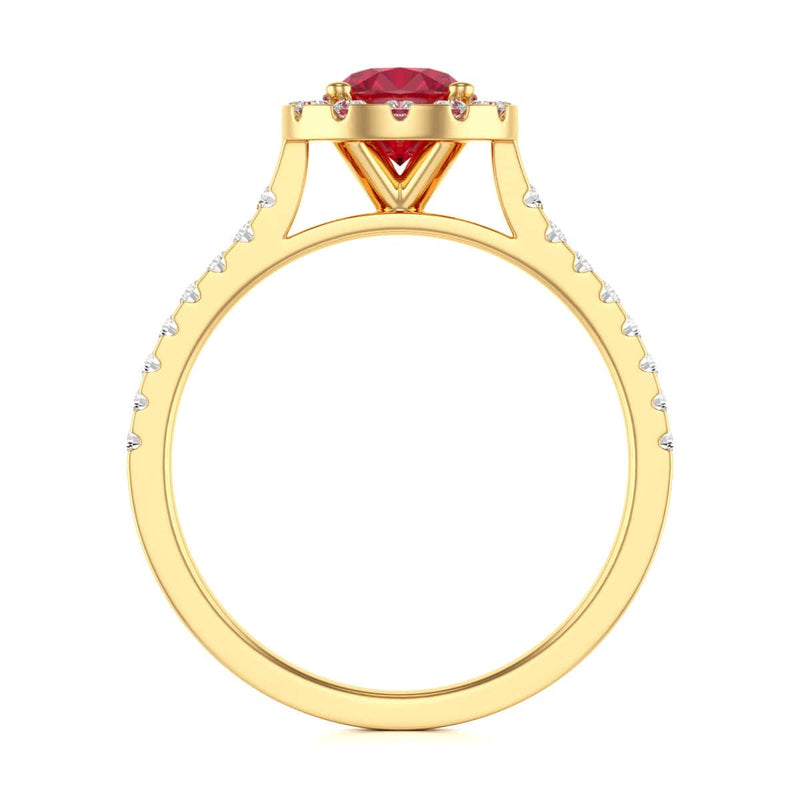 Diamond Halo Round Shape Ruby Engagement Ring in 18ct Gold and Platinum