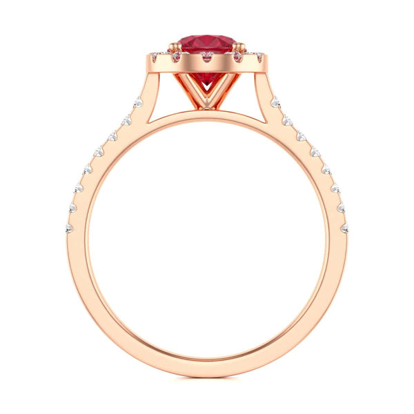Diamond Halo Round Shape Ruby Engagement Ring in 18ct Gold and Platinum