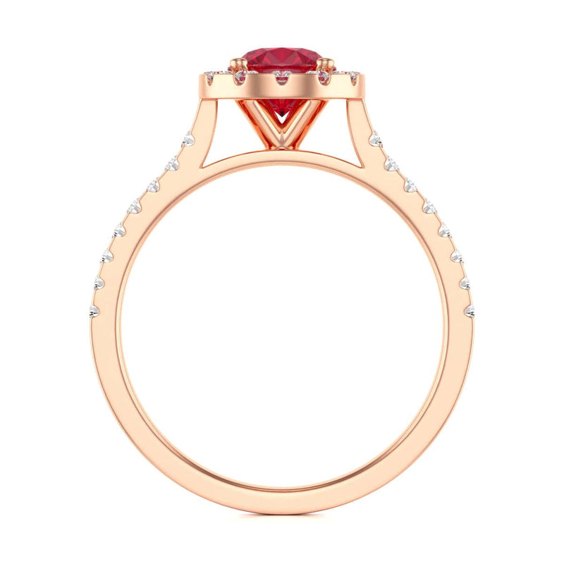 Diamond Halo Round Shape Ruby Engagement Ring in 18ct Gold and Platinum