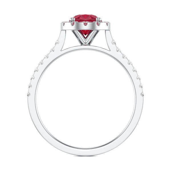 Diamond Halo Round Shape Ruby Engagement Ring in 18ct Gold and Platinum
