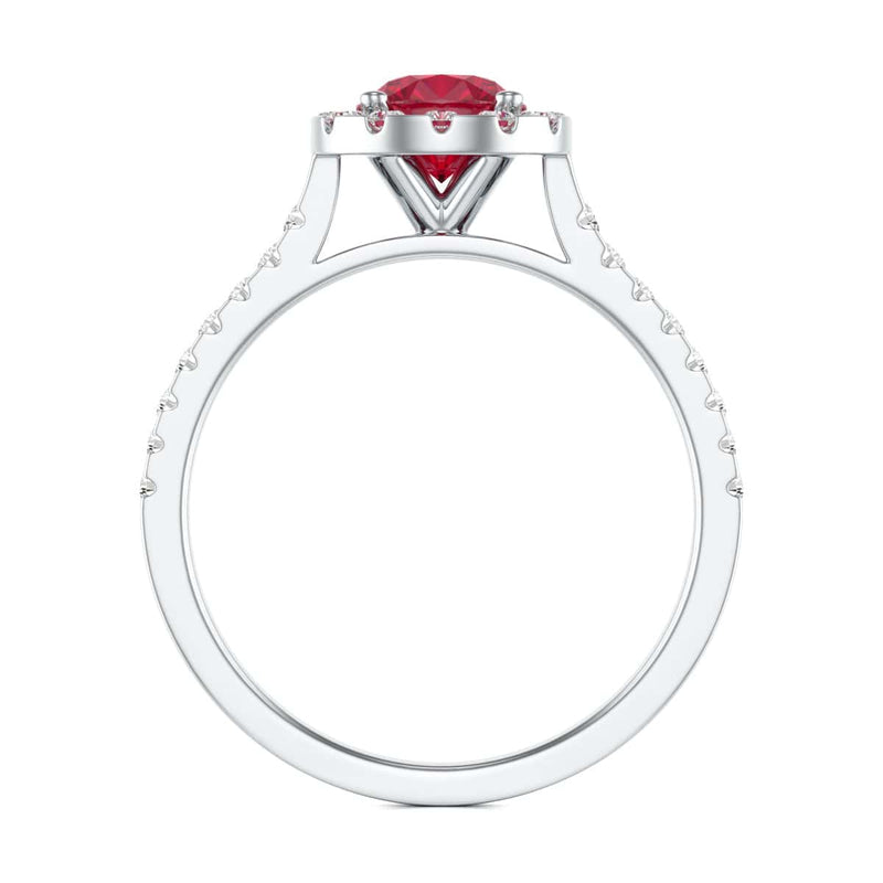 Diamond Halo Round Shape Ruby Engagement Ring in 18ct Gold and Platinum
