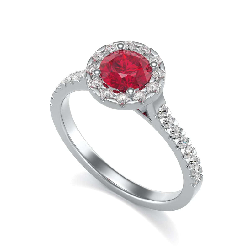 Diamond Halo Round Shape Ruby Engagement Ring in 18ct Gold and Platinum