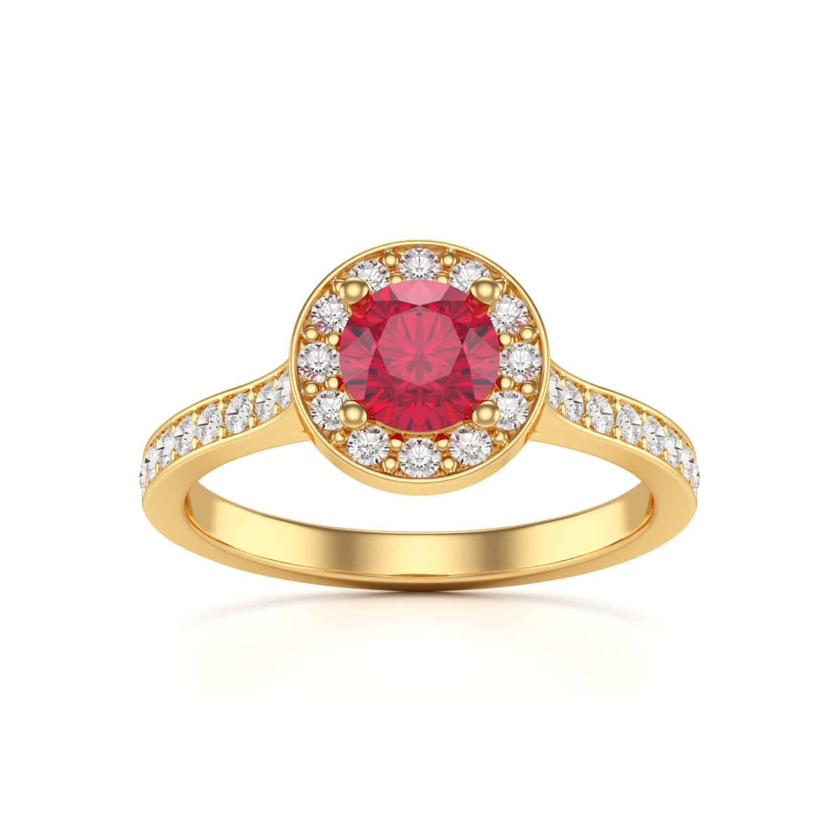 Round Shape Ruby Diamond Halo Ring with Diamond Set Shoulders