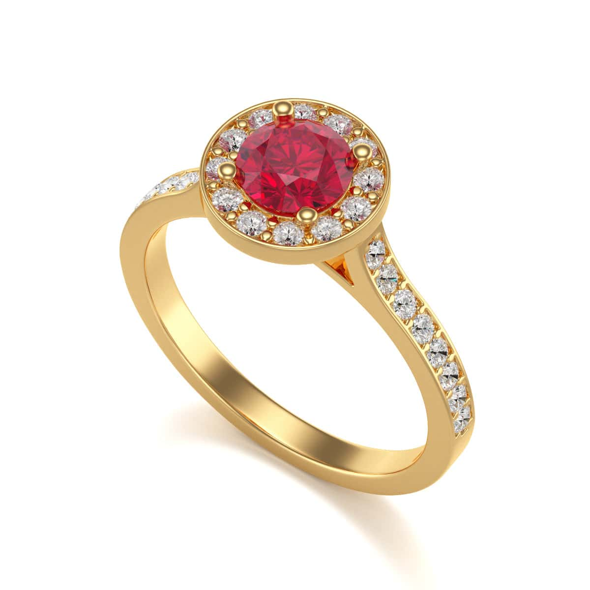 Round Shape Ruby Diamond Halo Ring with Diamond Set Shoulders