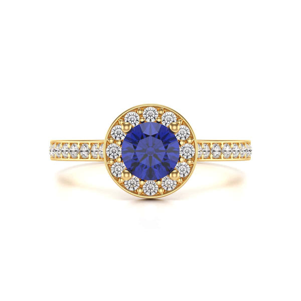 Diamond Halo Round Shape Blue Sapphire Engagement Ring in 18ct Gold and Platinum
