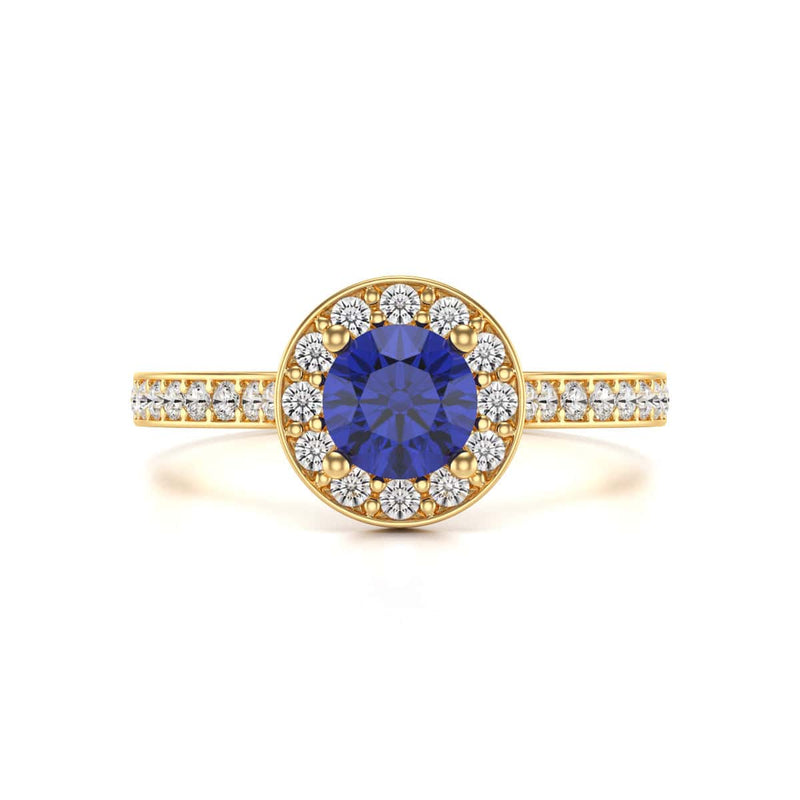 Diamond Halo Round Shape Blue Sapphire Engagement Ring in 18ct Gold and Platinum