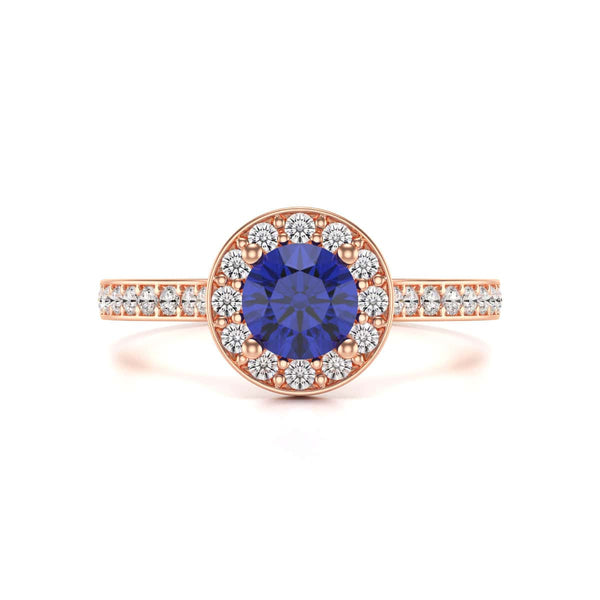 Diamond Halo Round Shape Blue Sapphire Engagement Ring in 18ct Gold and Platinum