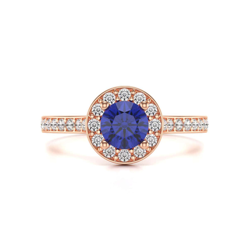 Diamond Halo Round Shape Blue Sapphire Engagement Ring in 18ct Gold and Platinum