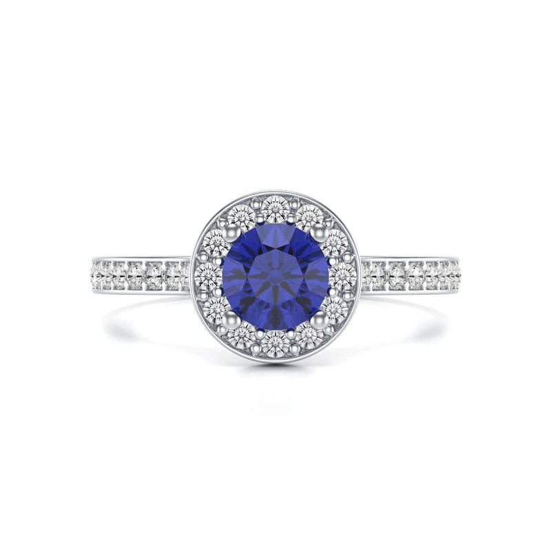 Diamond Halo Round Shape Blue Sapphire Engagement Ring in 18ct Gold and Platinum