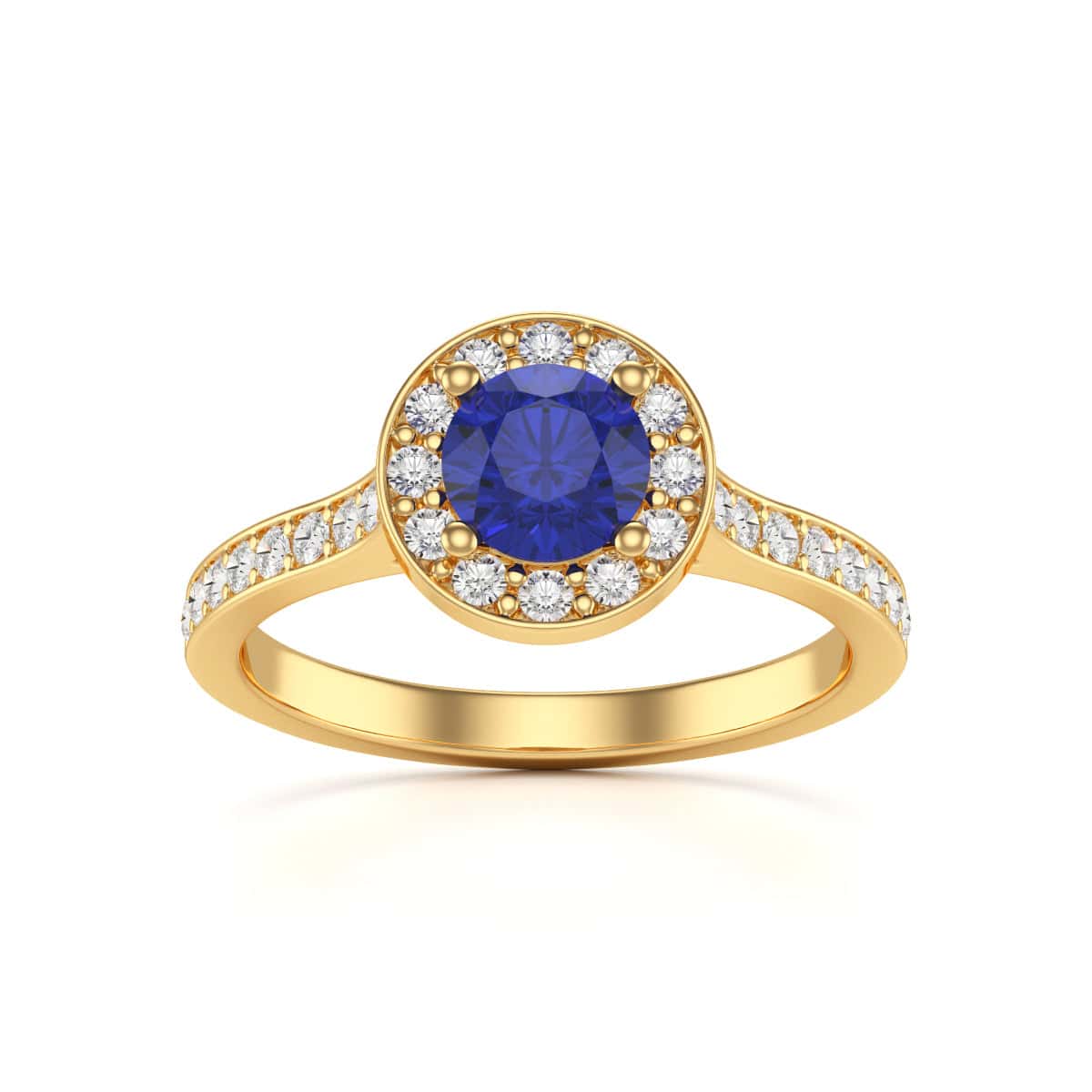 18ct Gold  Diamond Halo Blue Sapphire Engagement Ring - Round Shape