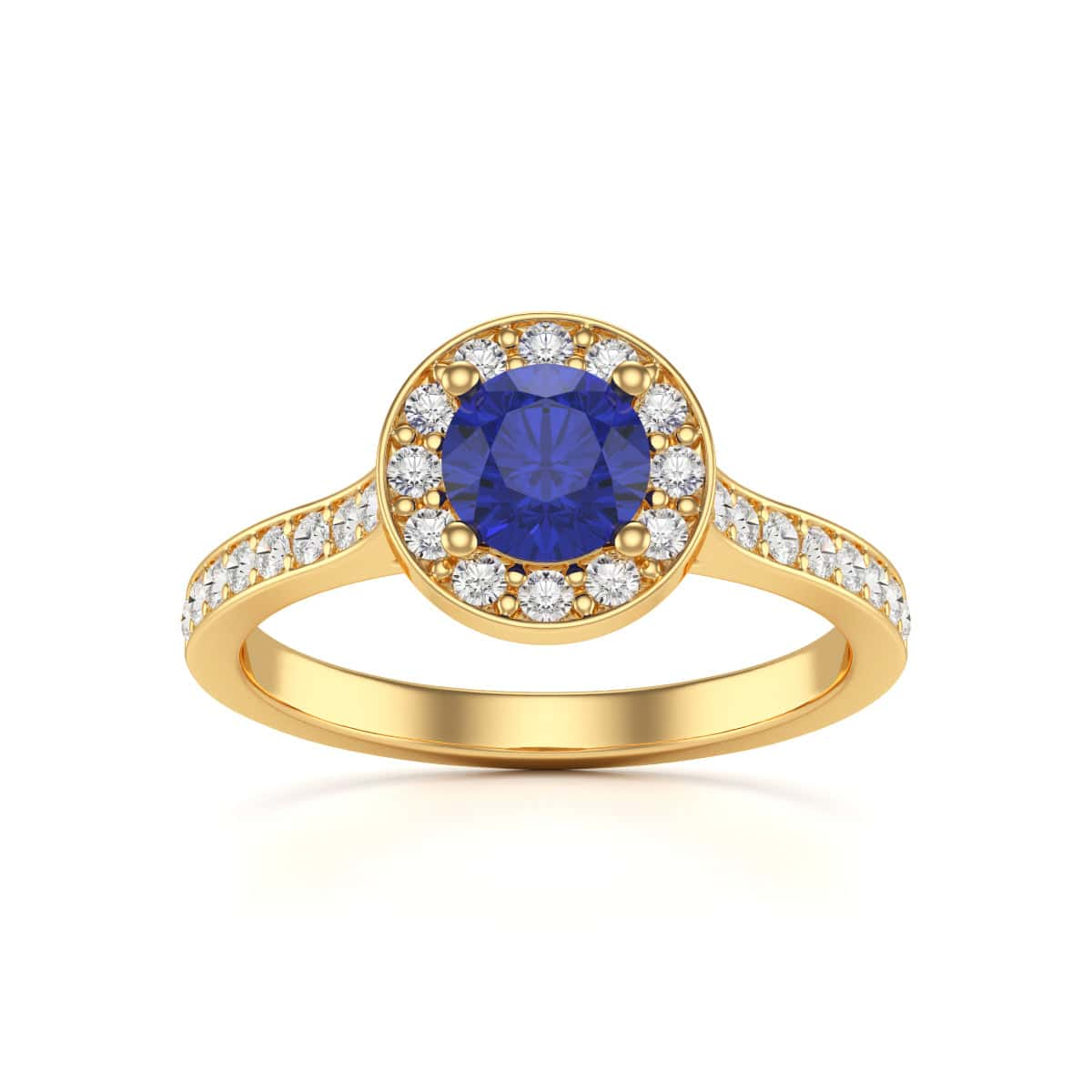 Round Shape Sapphire Diamond Halo Ring with Diamond Set Shoulders