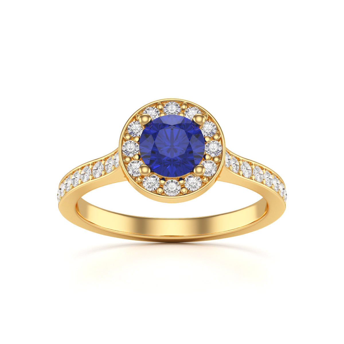 Round Shape Sapphire Diamond Halo Ring with Diamond Set Shoulders
