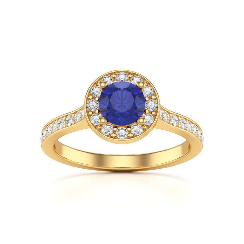 Diamond Halo Round Shape Blue Sapphire Engagement Ring in 18ct Gold and Platinum