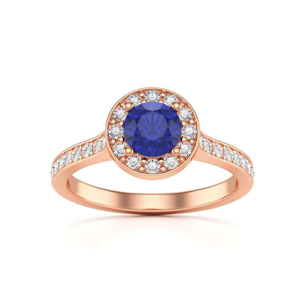 Diamond Halo Round Shape Blue Sapphire Engagement Ring in 18ct Gold and Platinum
