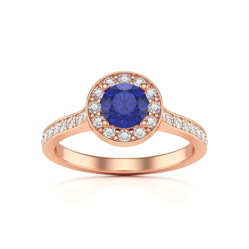 Diamond Halo Round Shape Blue Sapphire Engagement Ring in 18ct Gold and Platinum