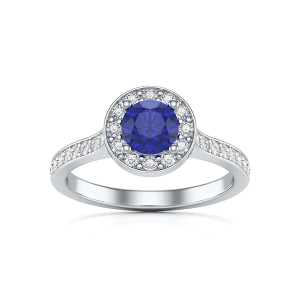 Diamond Halo Round Shape Blue Sapphire Engagement Ring in 18ct Gold and Platinum
