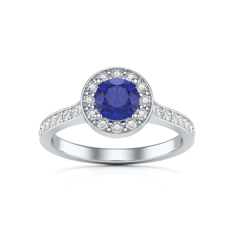Diamond Halo Round Shape Blue Sapphire Engagement Ring in 18ct Gold and Platinum