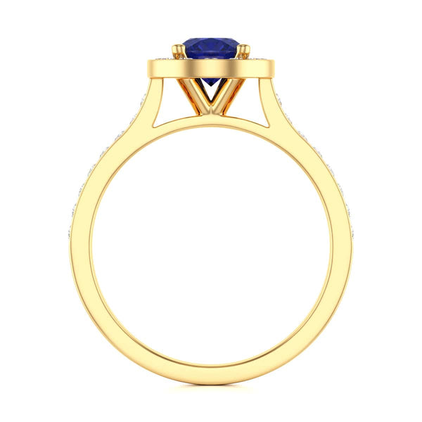 Diamond Halo Round Shape Blue Sapphire Engagement Ring in 18ct Gold and Platinum