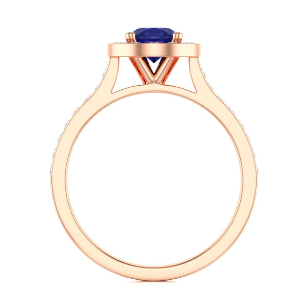 Diamond Halo Round Shape Blue Sapphire Engagement Ring in 18ct Gold and Platinum