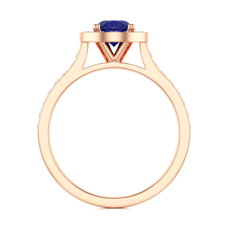 Diamond Halo Round Shape Blue Sapphire Engagement Ring in 18ct Gold and Platinum