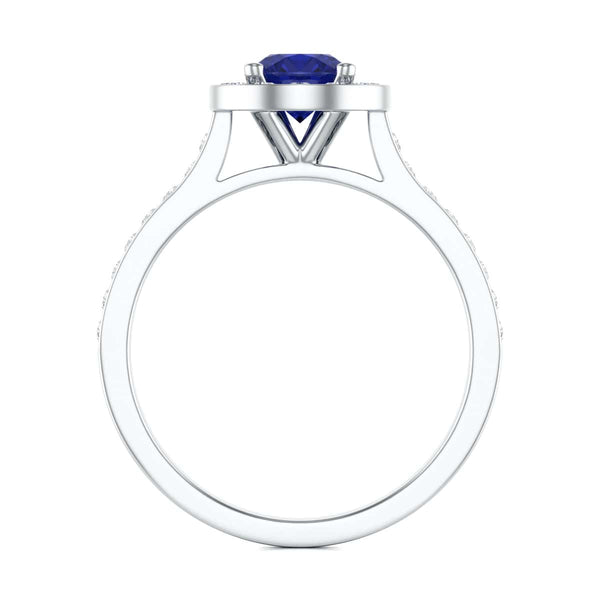 Diamond Halo Round Shape Blue Sapphire Engagement Ring in 18ct Gold and Platinum