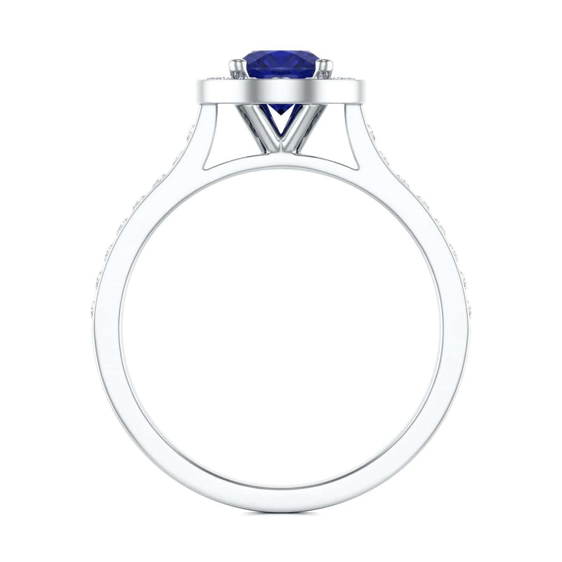 Diamond Halo Round Shape Blue Sapphire Engagement Ring in 18ct Gold and Platinum