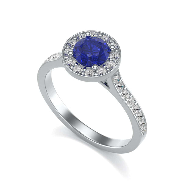 Diamond Halo Round Shape Blue Sapphire Engagement Ring in 18ct Gold and Platinum
