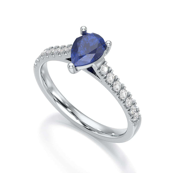 Pear Blue Sapphire with Diamond Set Shoulders Ring in 18ct Gold and Platinum