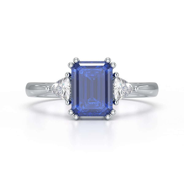 Blue Sapphire Trilogy Ring with Trillion side stone Dress Ring