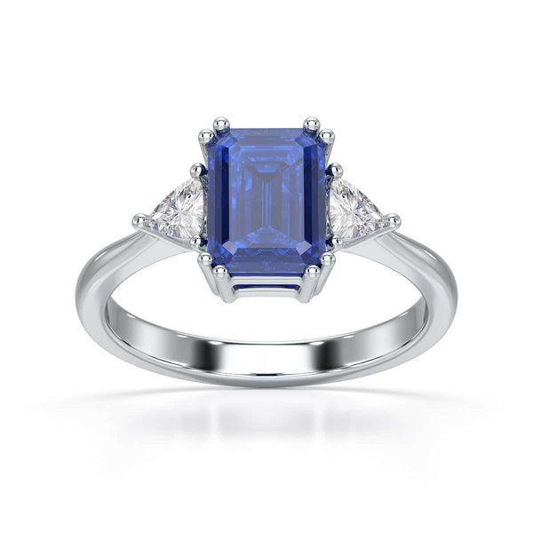 Blue Sapphire Trilogy Ring with Trillion side stone Dress Ring