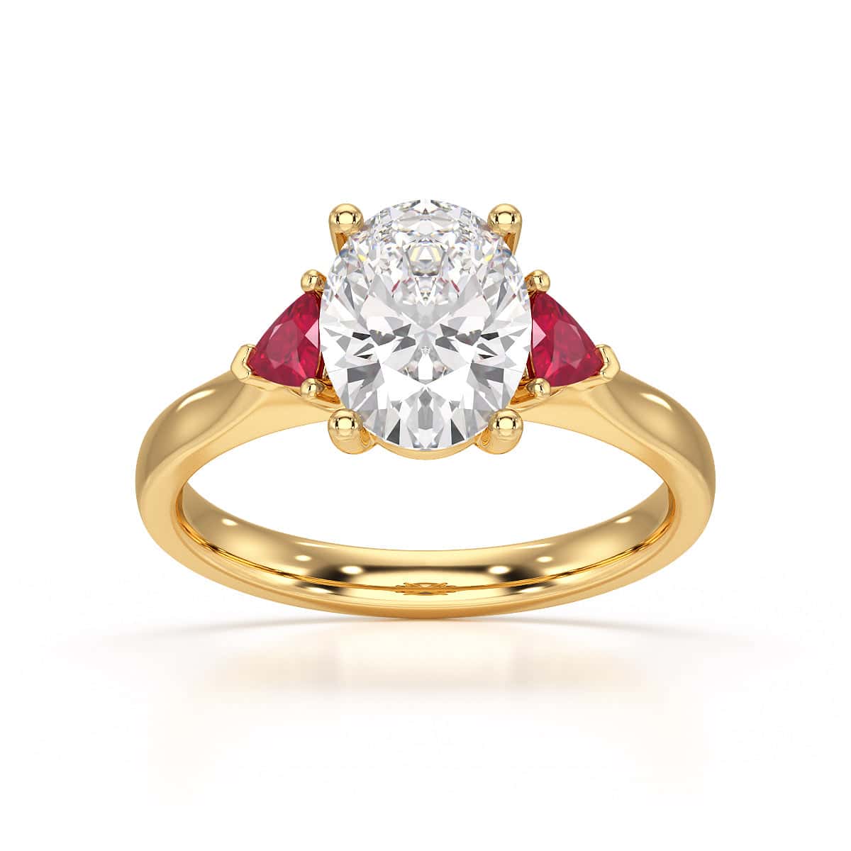 Oval trilogy engagement ring with trillion shape ruby