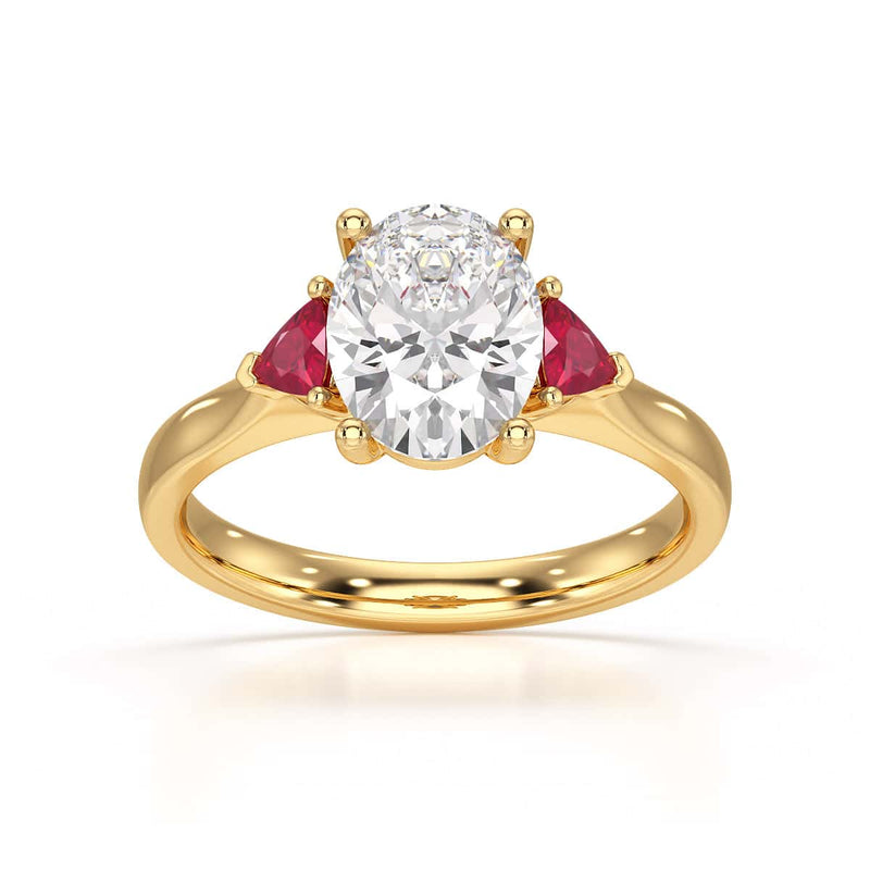 Oval trilogy engagement ring with trillion shape ruby