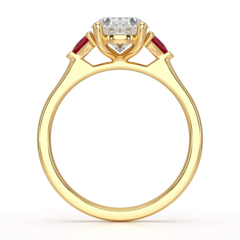 Oval trilogy engagement ring with trillion shape ruby