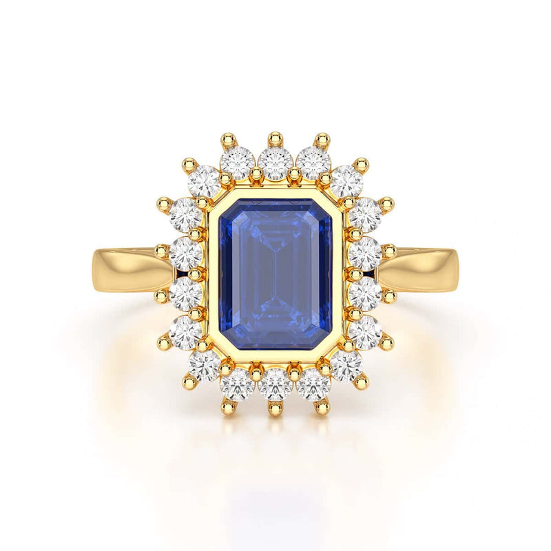 Diamond Cluster Octagon Shape  Blue Sapphire Engagement Ring in 18ct Gold and Platinum