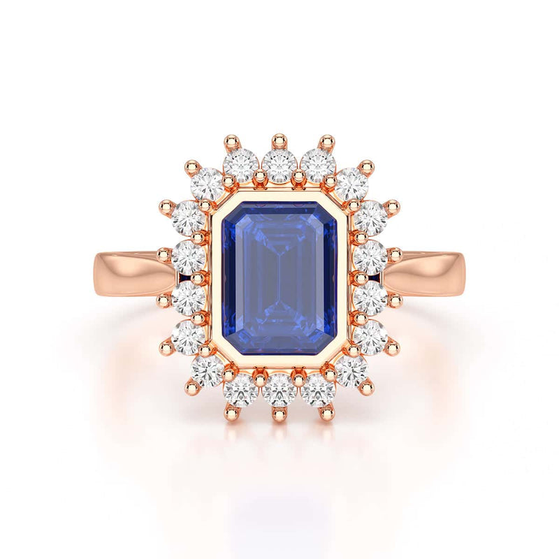 Diamond Cluster Octagon Shape  Blue Sapphire Engagement Ring in 18ct Gold and Platinum