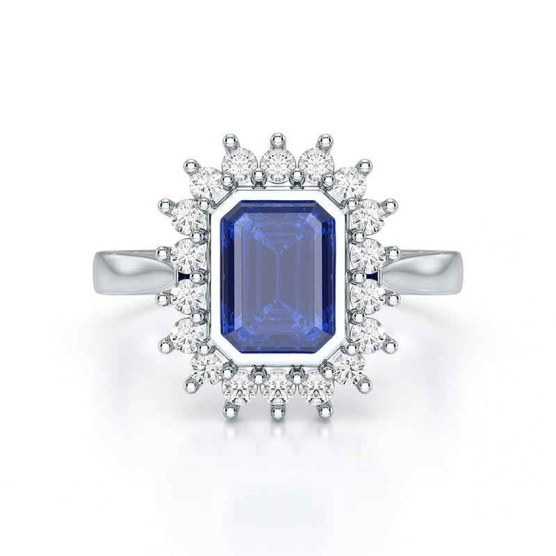 Diamond Cluster Octagon Shape  Blue Sapphire Engagement Ring in 18ct Gold and Platinum