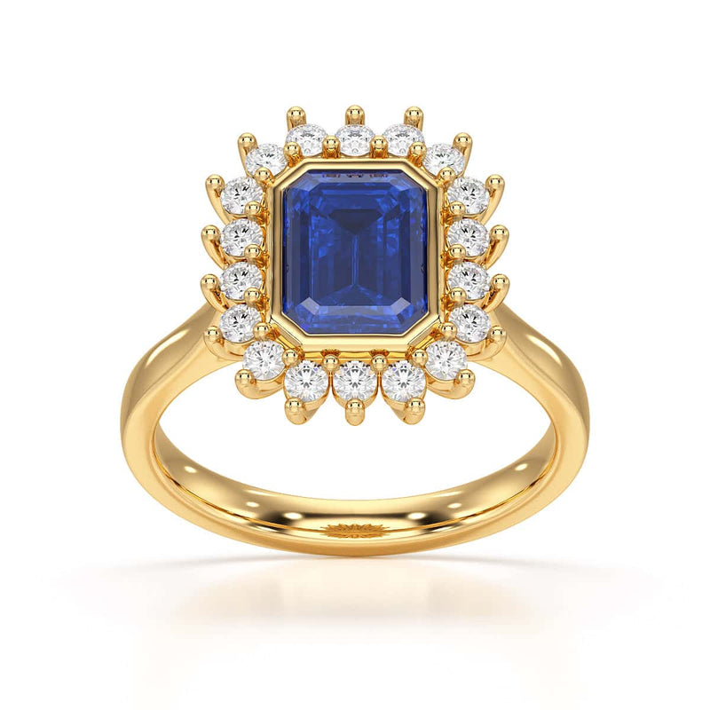 Diamond Cluster Octagon Shape  Blue Sapphire Engagement Ring in 18ct Gold and Platinum