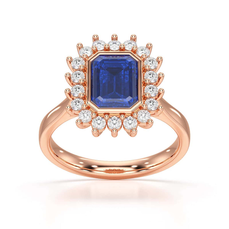 Diamond Cluster Octagon Shape  Blue Sapphire Engagement Ring in 18ct Gold and Platinum