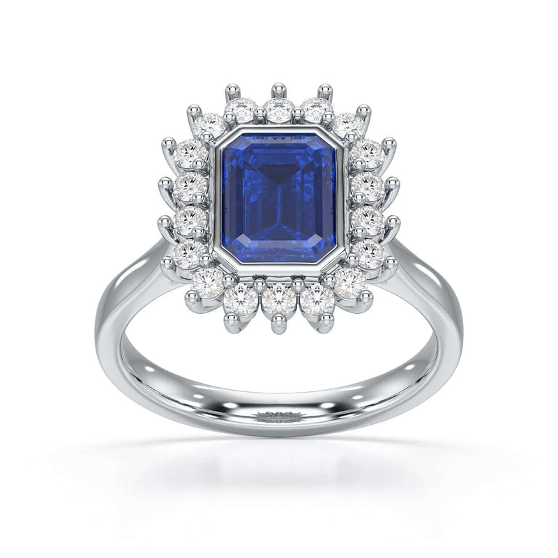Diamond Cluster Octagon Shape  Blue Sapphire Engagement Ring in 18ct Gold and Platinum