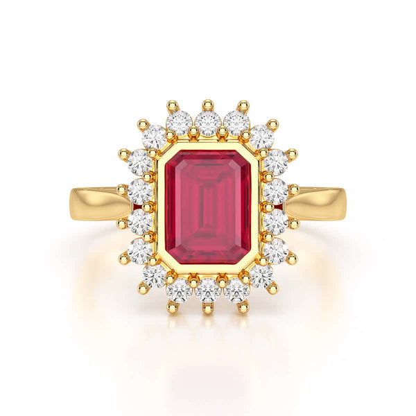 Diamond Halo Octagon Shape Ruby Engagement Ring in 18ct Gold and Platinum